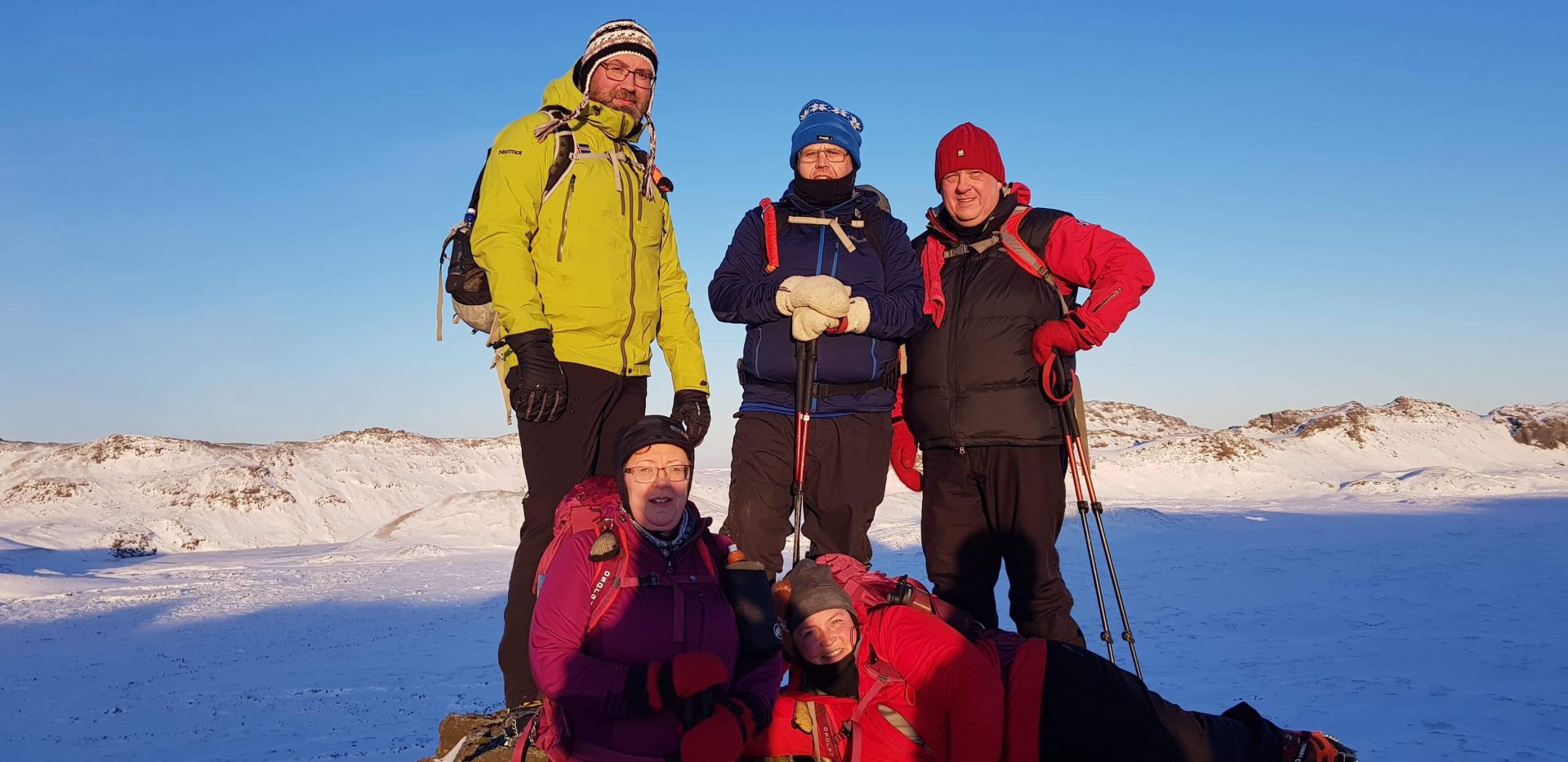  Á Sveifluhálsi laugardaginn 2. febrúar 2019.  Frá vinstri uppi, Jóhann Aron Traustason, Gunnar Óskarsson, Björn Zoëga Björnsson.  Niðri frá vinstri Anna Sveinsdóttir og Linda Sveinsdóttir.