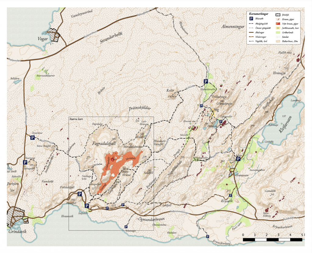 Geldingadalir volcano hiking paths and place names